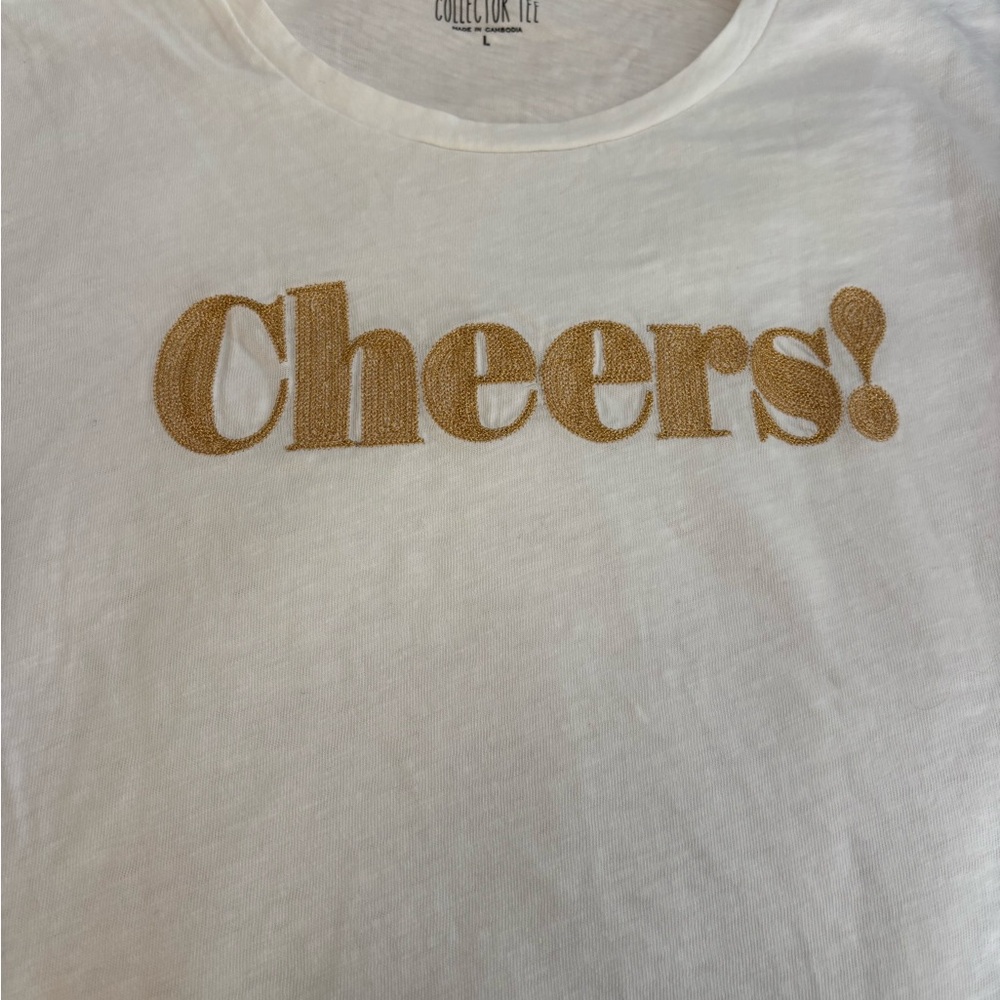 White T-Shirt with Gold 'Cheers!' Embroidery